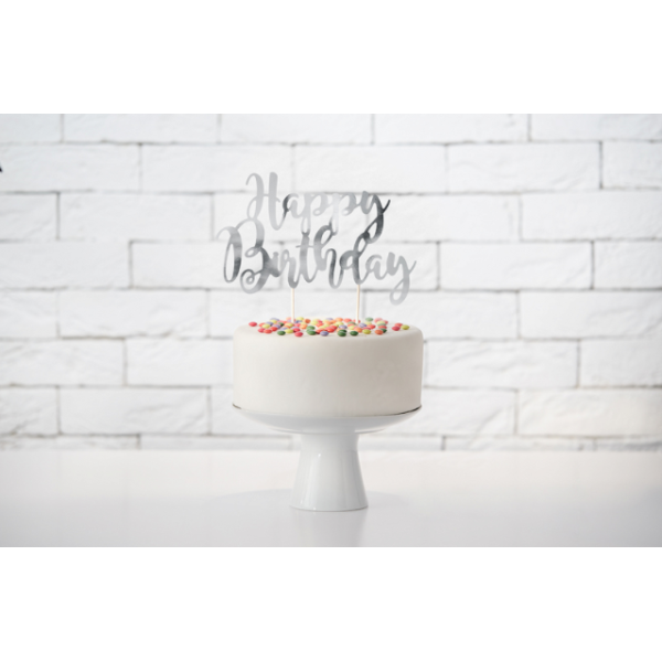 Décoration de gâteau Happy Birthday en papier miroir argenté