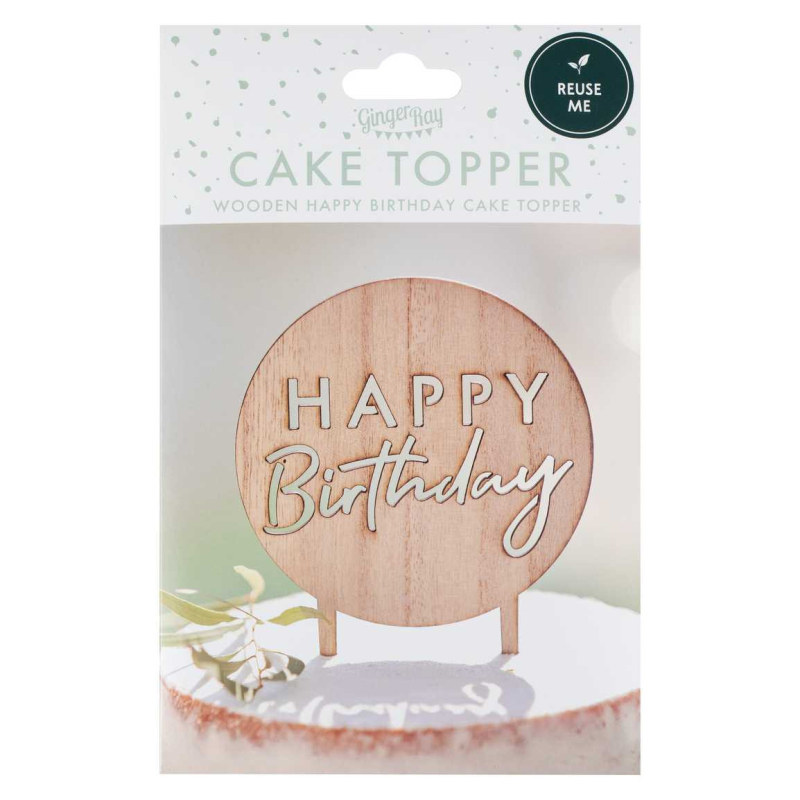 Cake topper Happy Birthday rond en bois - Gateau anniversaire