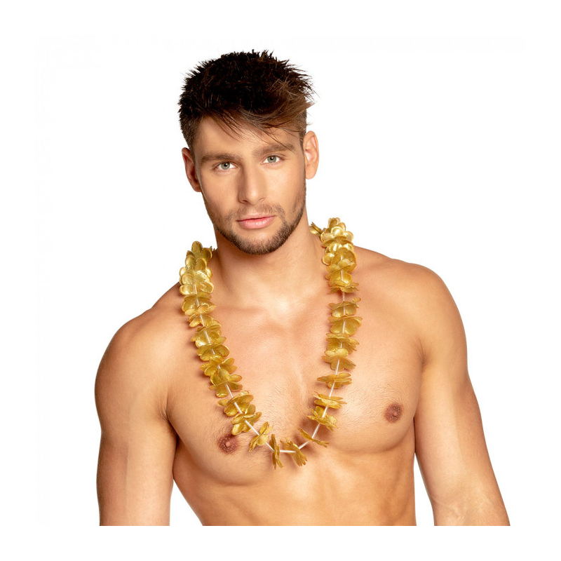 collier hawaïen fleurs dorees homme