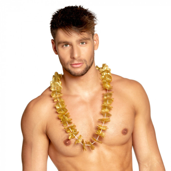 collier hawaïen fleurs dorees homme