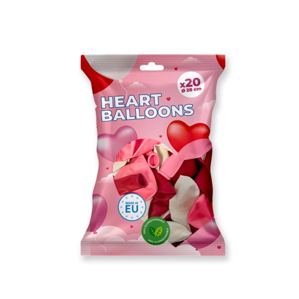 sachet Ballons de baudruche Cœur Rouge, rose et blanc