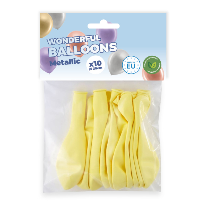 10 ballons de baudruche jaunes métallisés 30 cm, biodégradable