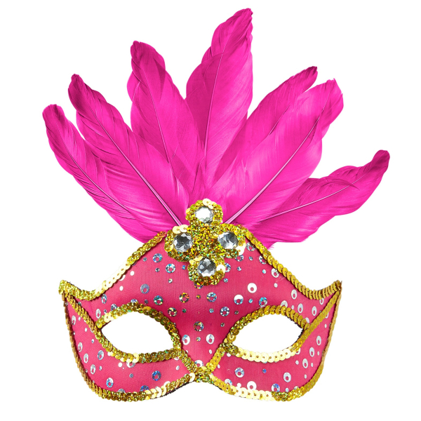 Masque loup néon rose brésil avec paillettes holographiques, pierres, bordure paillettes or et plumes Masque loup néon rose brésil avec paillettes holographiques, pierres, bordure paillettes or et plumes