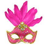Masque loup néon rose brésil avec paillettes holographiques, pierres, bordure paillettes or et plumes Masque loup néon rose brésil avec paillettes holographiques, pierres, bordure paillettes or et plumes