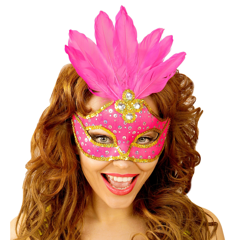 Masque loup néon rose brésil avec paillettes holographiques, pierres, bordure paillettes or et plumes