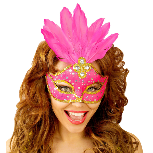Masque loup néon rose brésil avec paillettes holographiques, pierres, bordure paillettes or et plumes Masque loup néon rose brésil avec paillettes holographiques, pierres, bordure paillettes or et plumes