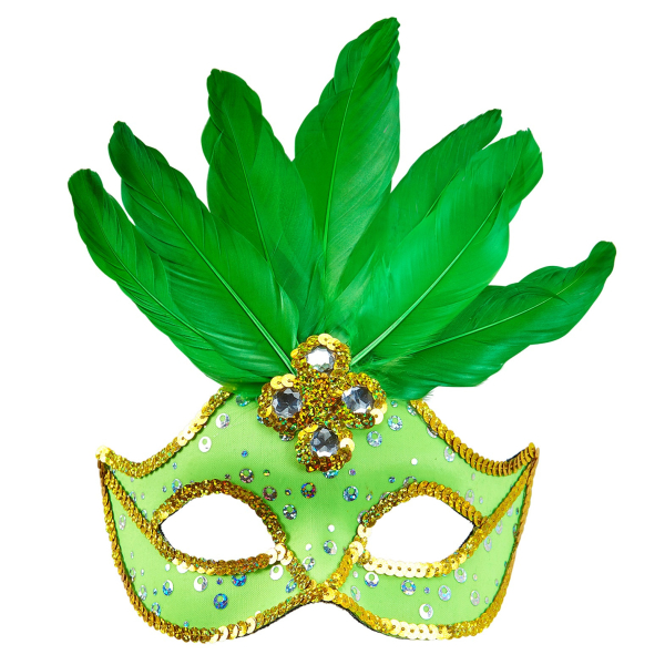 Masque loup néon vert brésil avec paillettes holographiques, pierres, bordure paillettes or et plumes Masque loup néon vert brésil avec paillettes holographiques, pierres, bordure paillettes or et plumes