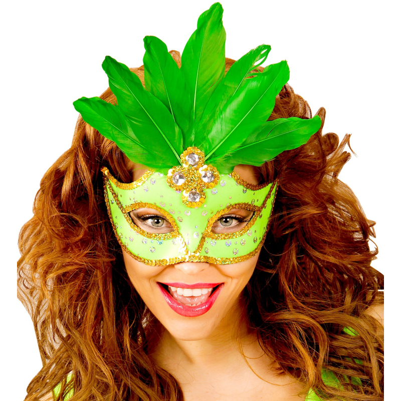 Masque loup néon vert brésil avec paillettes holographiques, pierres, bordure paillettes or et plumes