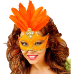 Masque loup néon orange brésil avec paillettes holographiques, pierres, bordure paillettes or et plumes Masque loup néon orange brésil avec paillettes holographiques, pierres, bordure paillettes or et plumes