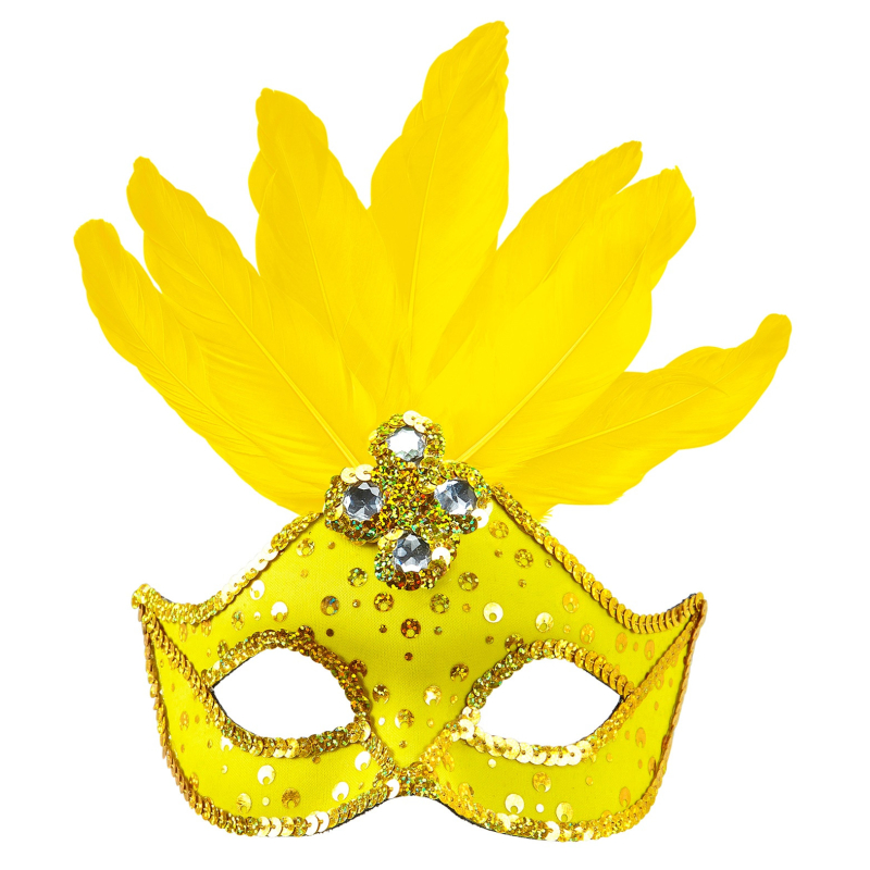 Masque loup néon jaune brésil avec paillettes holographiques, pierres, bordure paillettes or et plumes